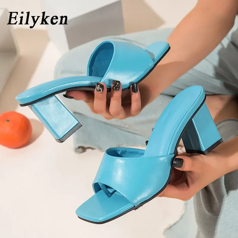 Eilyken Designer Cozy Pu Leather Women Slipper Outdoor Elegant Sandals Square High Heels Clip Toe Slip On Ladies Slides Shoes