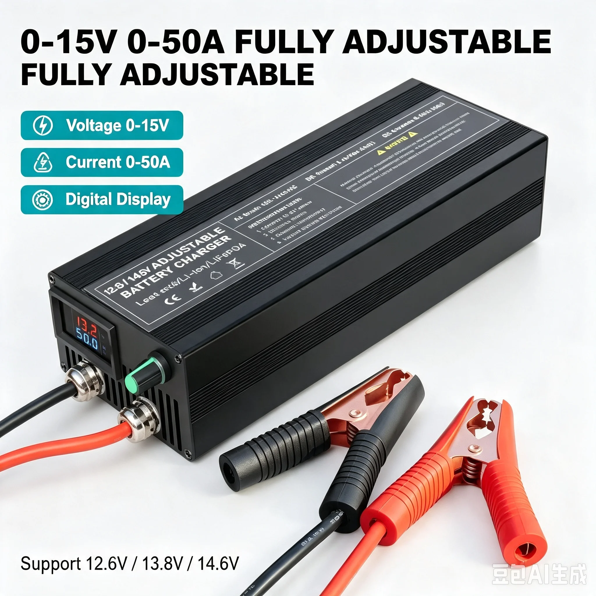 0‑15V 0-50A Adjustable Charger 100‑240V AC Aluminum Housing For 12V 14.6V Lifepo4 Lithium Lead‑Acid Battery RV Golf Cart Boat