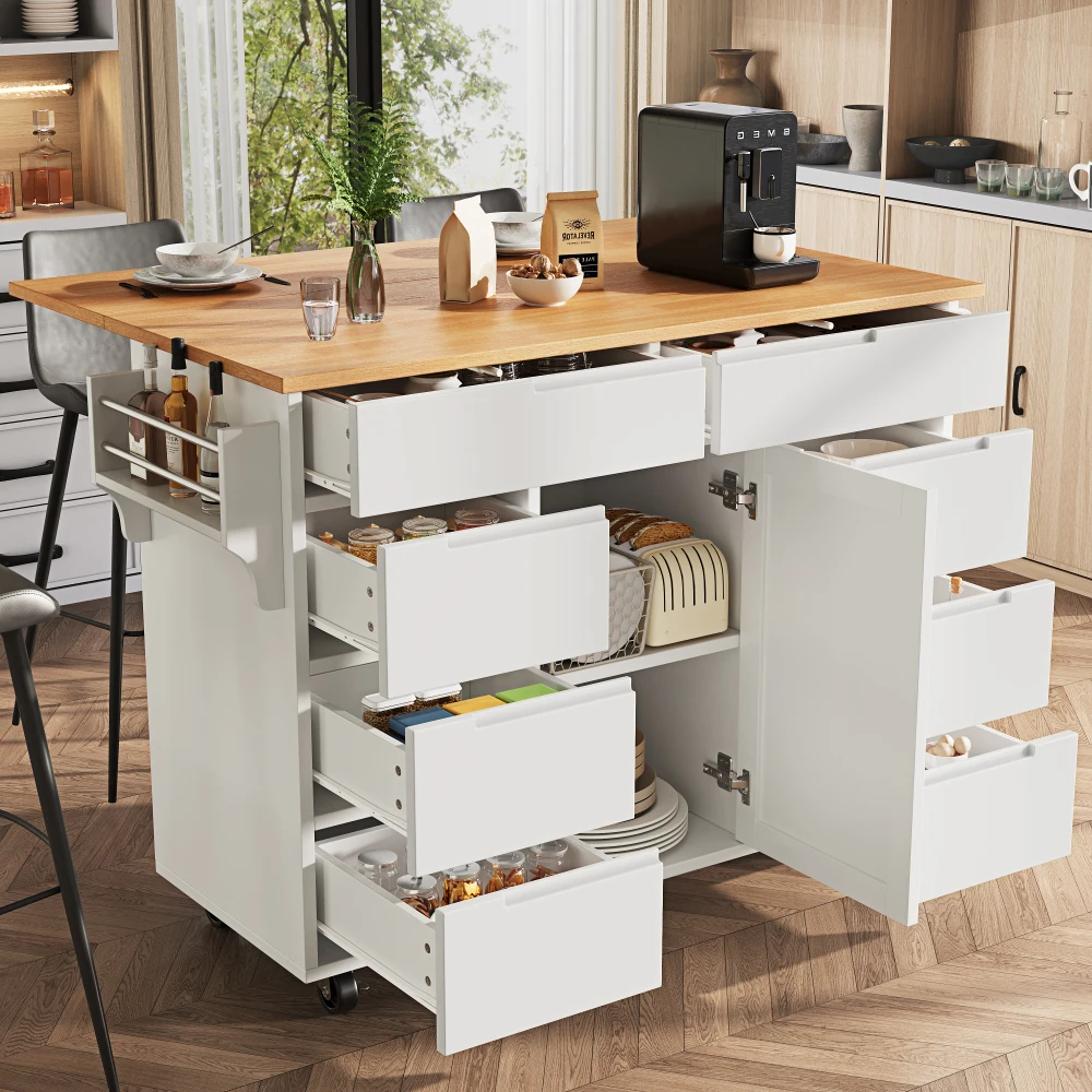 Moderne Kücheninsel, Küchenschrank, ausziehbarer Küchenwagen mit Rollen, Servierwagen mit Gewürzregal und 8 Schubladen