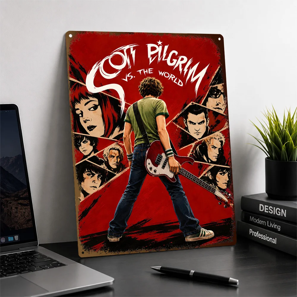 Scott Pilgrim Vs The World Illustrated Collage Printed Poster Graphic Wall Art For Bedroom Personalized Aluminum Metal Sign Gift