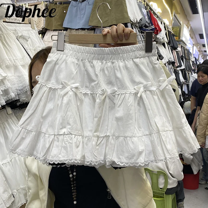 Dophee Sweet Princess Girl Bow Short A-line Skirt 2025 New Spring Summer All-match Elastic Waist Elegant Ruffles Cake Skirts