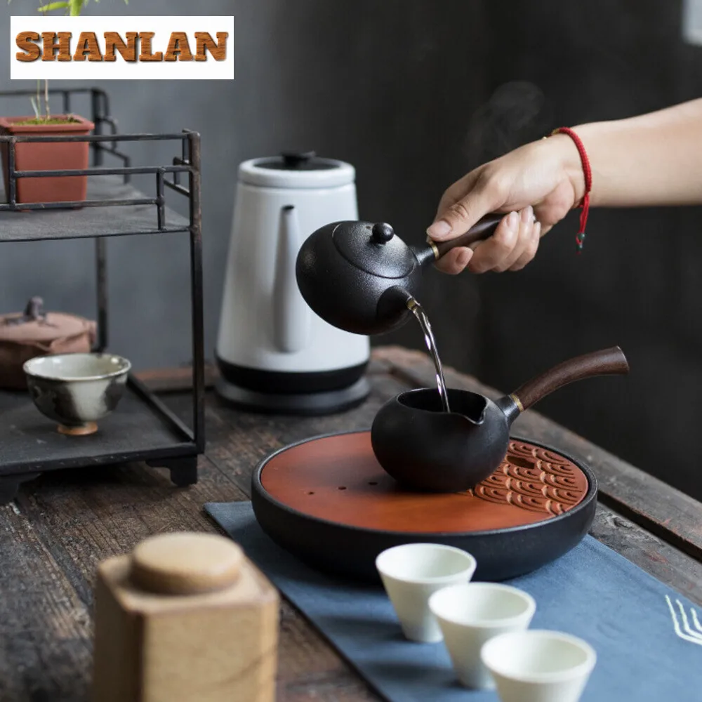 Bule de isolamento térmico com aperto ébano, cerâmica grossa, chaleira lateral, bule para uso doméstico, chá vintage, enfeites de teaset, 220ml