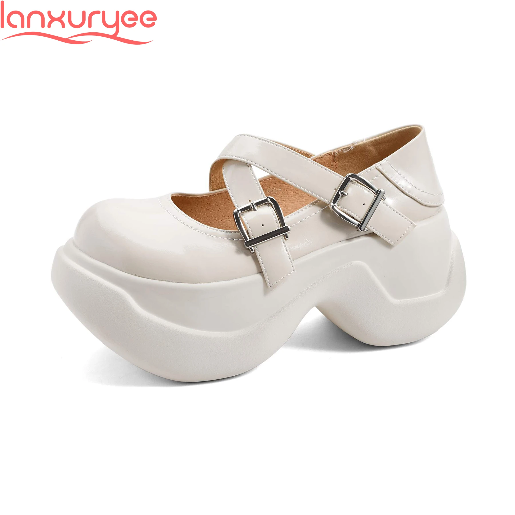 

Lanxuryee Cow Leather Round Toe High Heels Thick Bottom Platform Mary Janes Luxury Shallow Solid Belt Buckle Casual Women Pumps