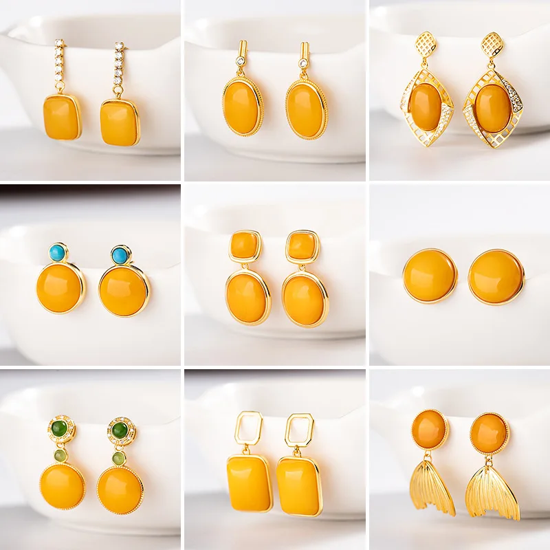 

925 Silver Gold Plated Inlaid Amber Beeswax Chicken Fat Yellow Round Square Oval Women's Earrings