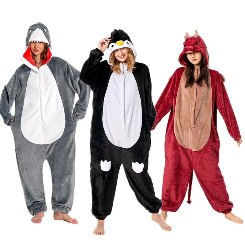 Adult Cartoon Penguin Shark Pajamas Dragon Cosplay Flannel Sleepwear Flannel Jumpsuit Costume Halloween Carnival Party Suit