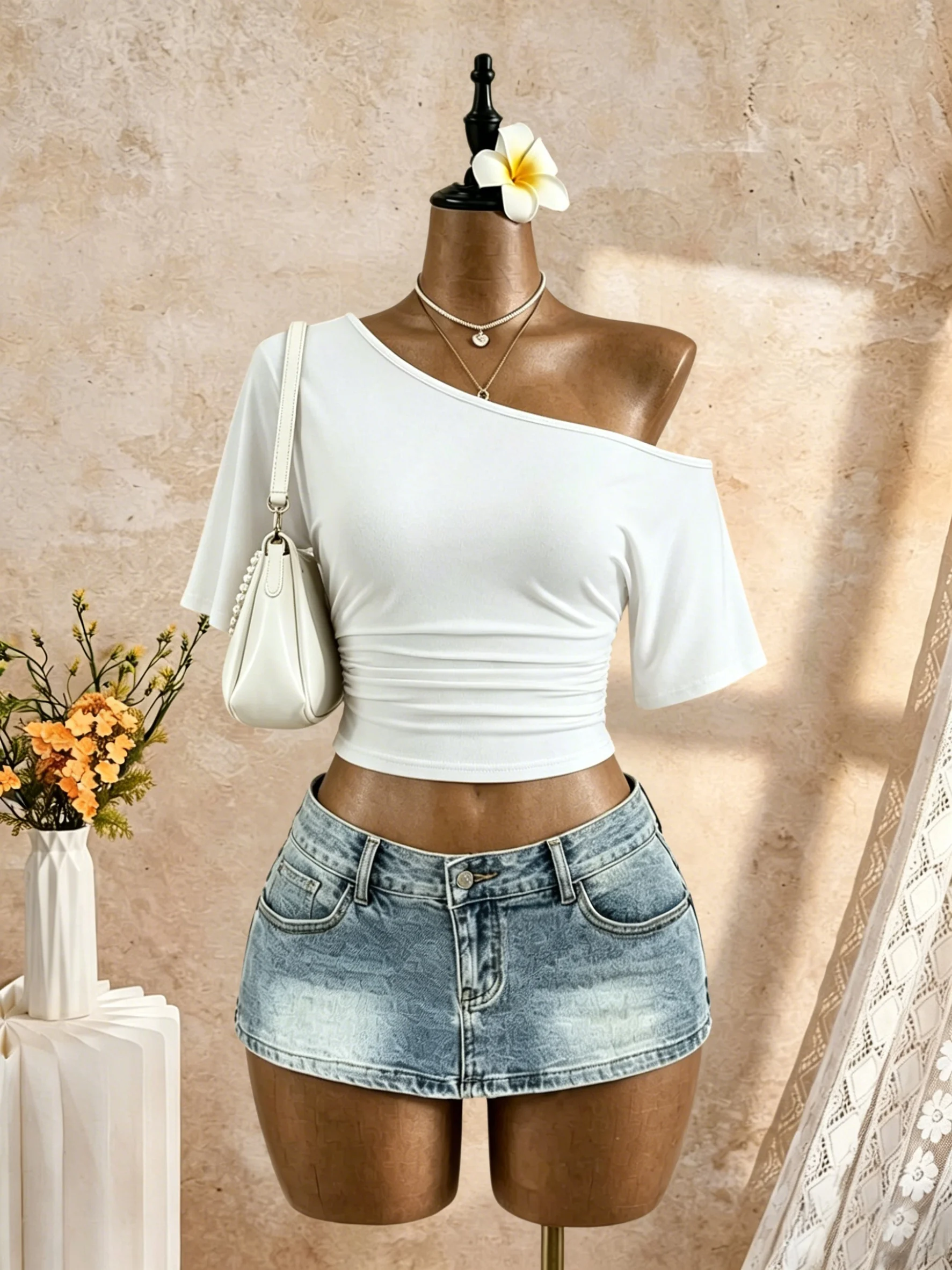3 Pack Multi-color Women One Shoulder Short Sleeve Side Ruched Slim Fit Cropped T Shirt 2026 Summer Y2K Off Shoulder Going Out S