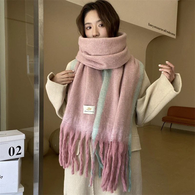 Large Winter Women Scarf Two-Tone Knitted Ponchos Cape Femme Shawl Wraps Pashmina Sjaals Bufandas Mujer Encharpe image 3