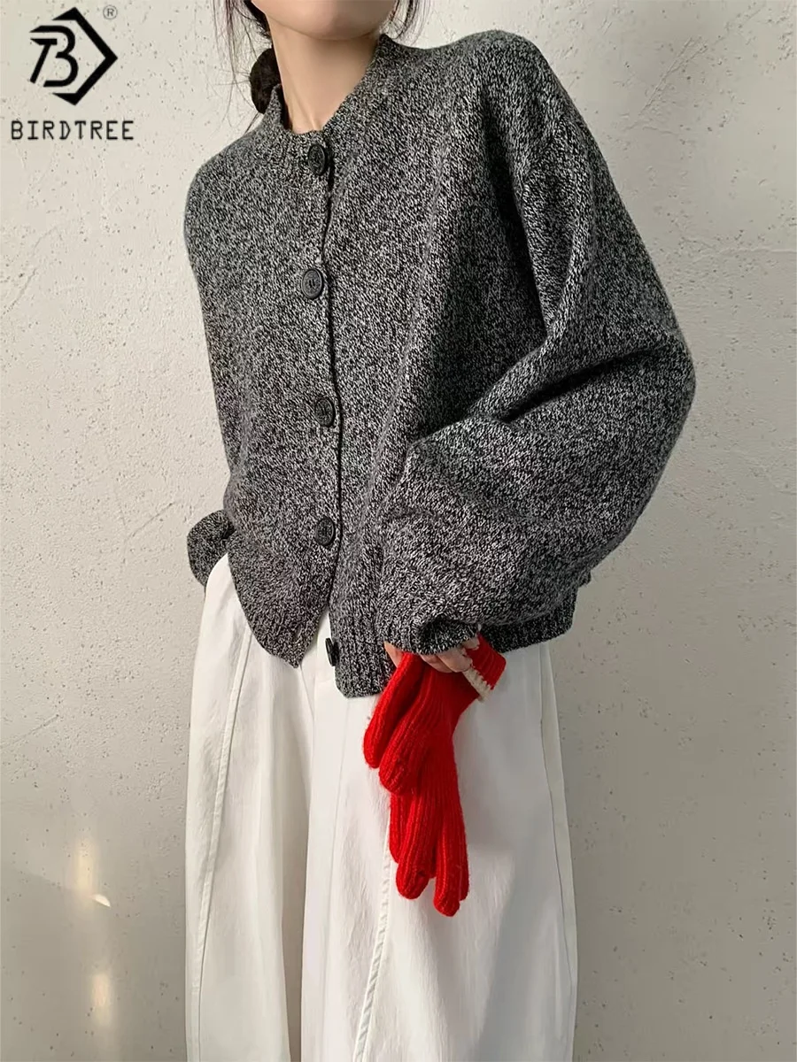 

Birdtree 100% Sheep Wool Retro Knit Cardigan,Woman Soft O-neck Full Sleeve Coat,2025 Autumn Single Breasted Sweater T59624JF