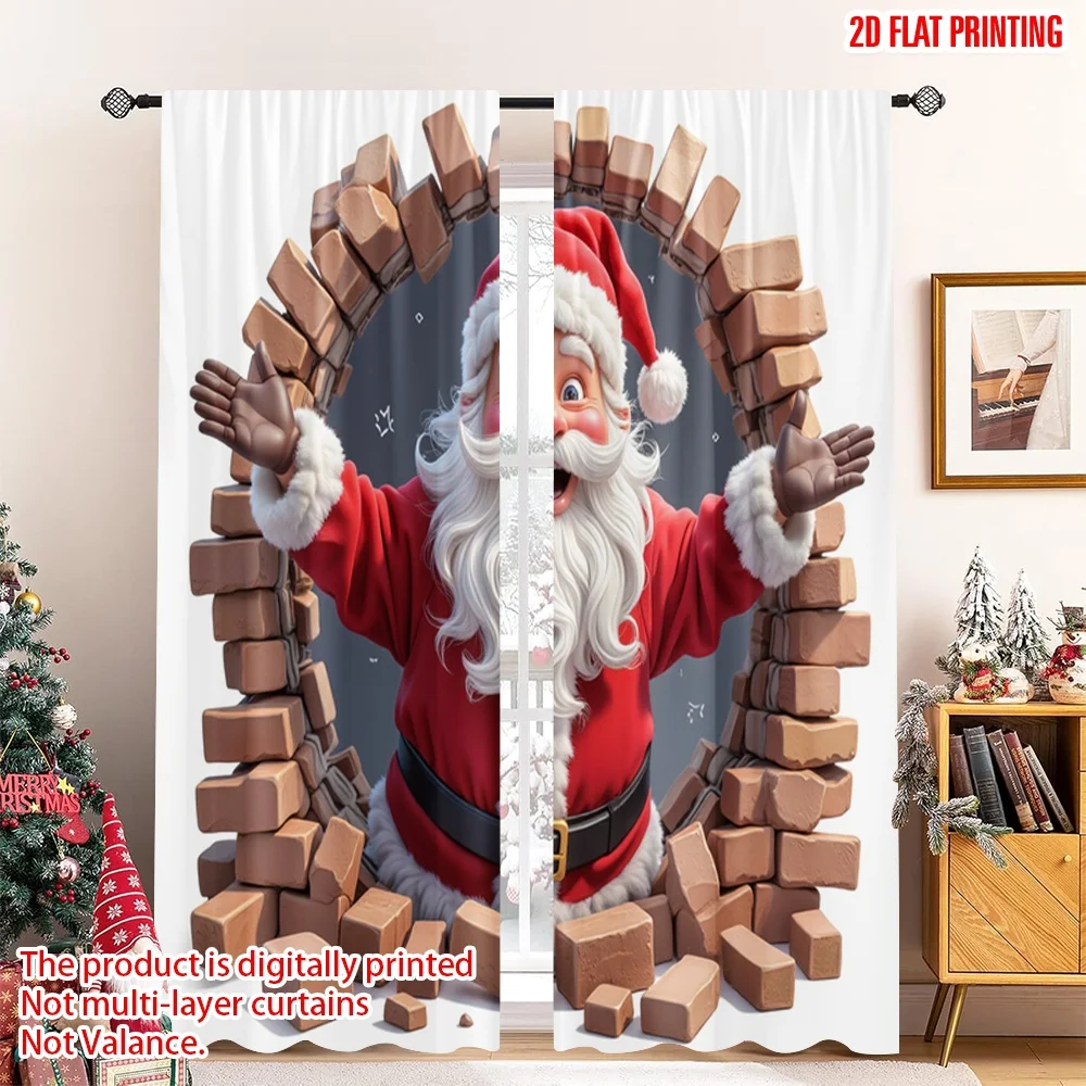 

2pcs 2D flat printing Christmas Drapes Santa breaks through wall Polyester Fabric Without Electricity Family Party Use for