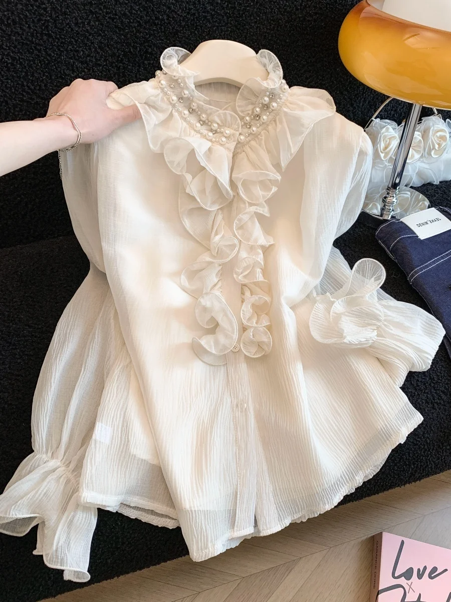 

Элегантная женская блузка с длинным рукавом, кружевной отделкой, воротником-стойкой и бисером, из шифона, весенняя модная легкая роскошная модель