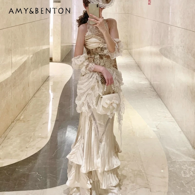 

Original Design Apricot Satin Splicing Women's Long Skirt 2025 Summer New French New Slimming Elegant Sexy Mermaid Skirts Ladies