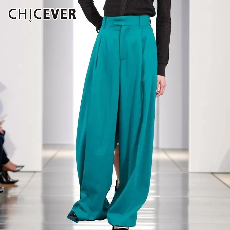 

CHICEVER Vintage Spliced Pocket Wide Leg Pants For Women High Waist Patchwork Zipper Casual Loose Straight Trousers Female New