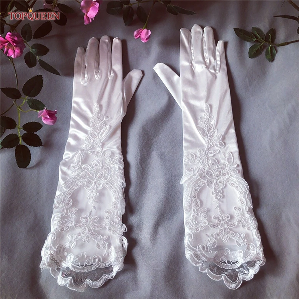 TOPQUEEN guantes de novia de encaje largo hasta el codo guantes de satén para cantar y bailar vestido de boda para fiesta brazo accesorios DIY VM06