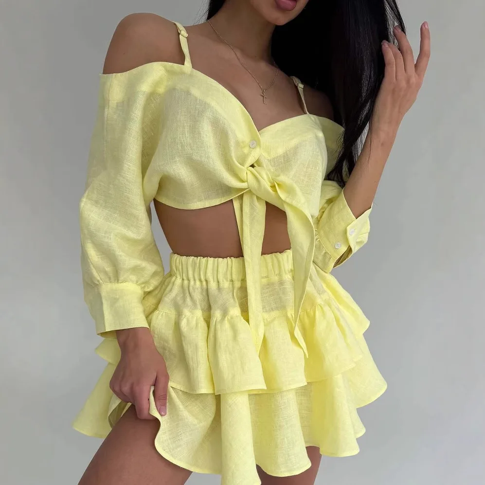 

European Women's Clothing Design, Camisole Shirt Suit, Short Skirt, Solid Color, Long Sleeves, Loose Casual Two-piece Set