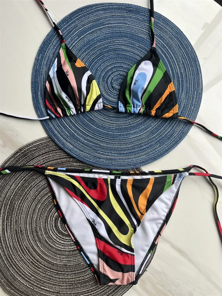 Damski dwuczęściowy strój kąpielowy bikini w paski z geometrycznym wzorem, jednoczęściowy strój kąpielowy