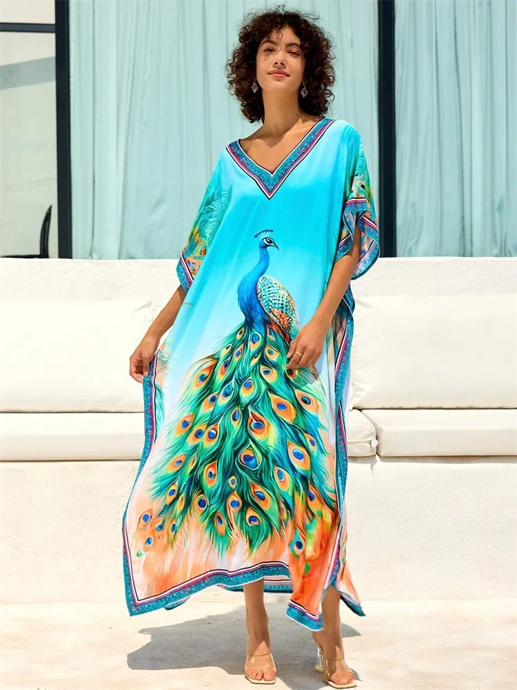 2024 frauen Drucken Böhmischen entspannt Kaftan Beachwear Pfau Outfit Badeanzug Cover Up Urlaub Boho Sommer Kleid Robe Q1674