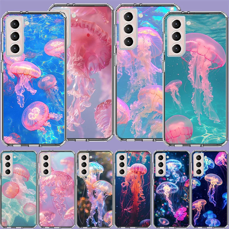 Enchanting Neon Jellyfish Clear Phone Cases for Samsung S26 Ultra Galaxy S25 Edge S24 S23 FE S21 Plus S20 S22 S10 Cover Patterne