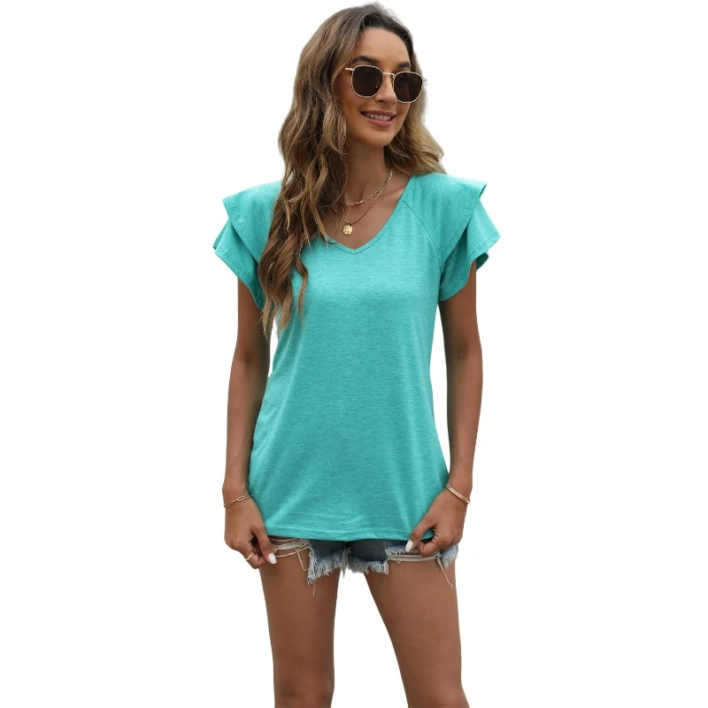 

Women's Summer Solid Color V-neck Double Ruffled Short Sleeve T-shirt Loose Casual Petal Sleeves Pullover Top Cotton T-shirt