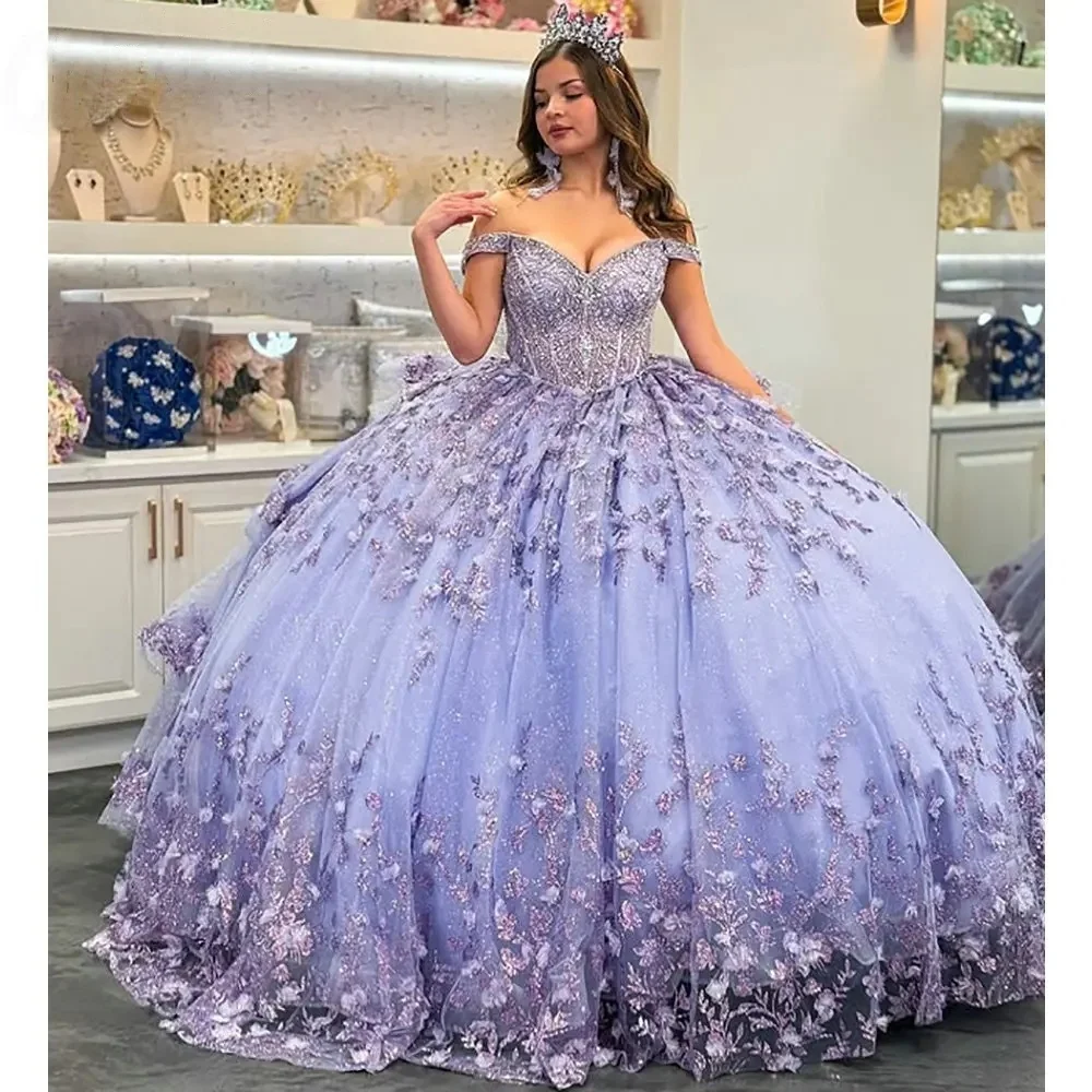 

Lilac Charro Quinceanera Dresses Ball Gown Off The Shoulder Lace Beaded Mexican Sweet 16 Dresses 15 Anos Customized