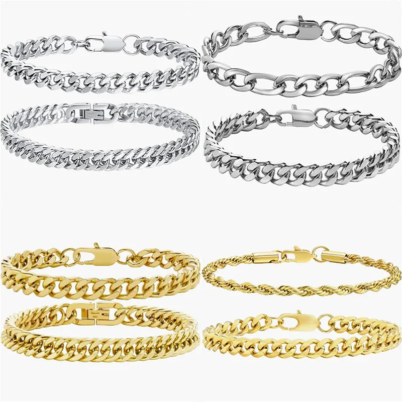 Europe, America, cross-border explosion stainless steel Cuban bracelet two-piece set, new punk metal chain men's bracelet set