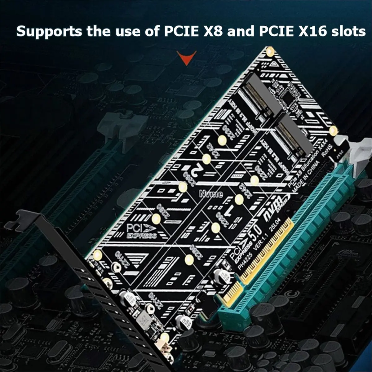 

Карта расширения PCIEX8 PCIE5.0 для двух NVMe M.2 M-Key SSD, PCIe-сплиттер для накопителей 2230/2242/2260/2280/22110