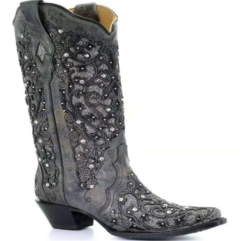 Dameslaarzen Mode Vintage puntig borduurwerk Instapper Strass Print Feest Kniehoge laarzen 34-46