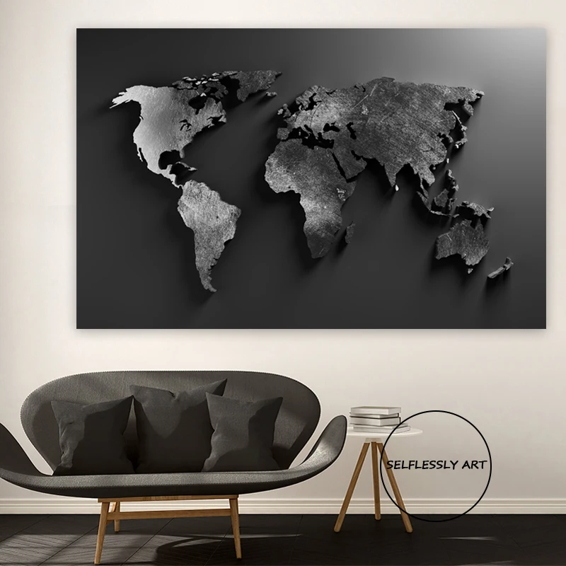 

Abstract Black World Map Canvas Painting Modern Map Poster and Prints Big Size Wall Art Picture for Living Room Study Home Decor