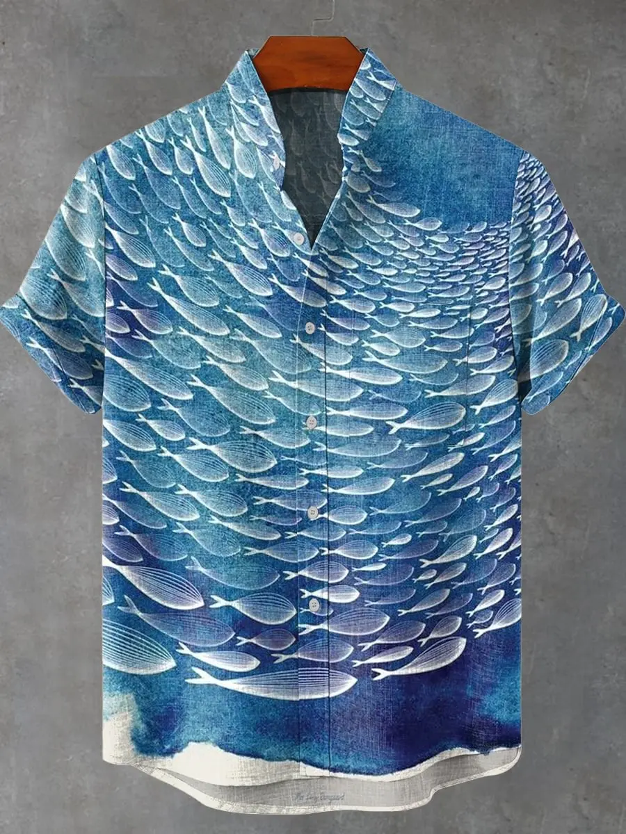 

New Men's Short Sleeve Shirt Summer Fashion Vintage Art Striped Print Short Sleeve Comfort Casual Buttons