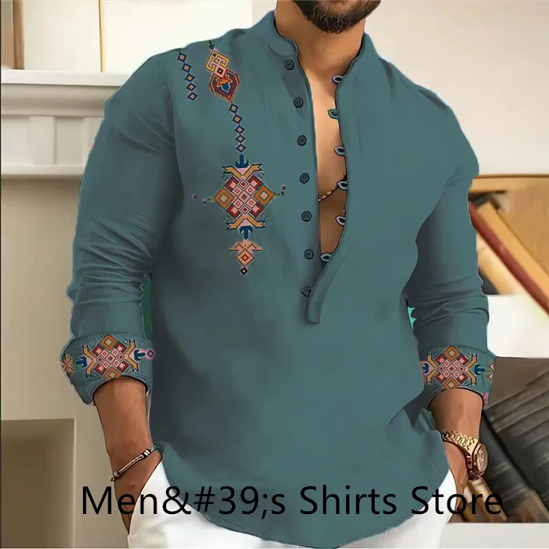 2024 Men\'s Hawaiian Shirt Long Sleeve Oversized V Neck 3D Vintage Shirt High Quality Four Seasons Large Size Clothing Multicolor