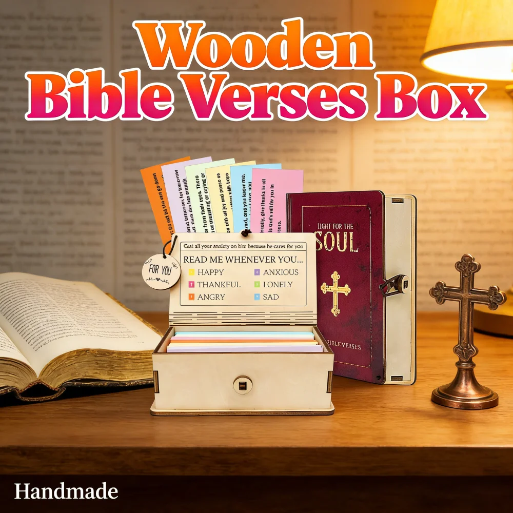 Caja de almacenamiento de notas hecha a mano, caja de versículos de la Biblia de madera con 96 tarjetas de oración, estuche de almacenamiento cristiano, caja de notas de regalo para el Día del Padre