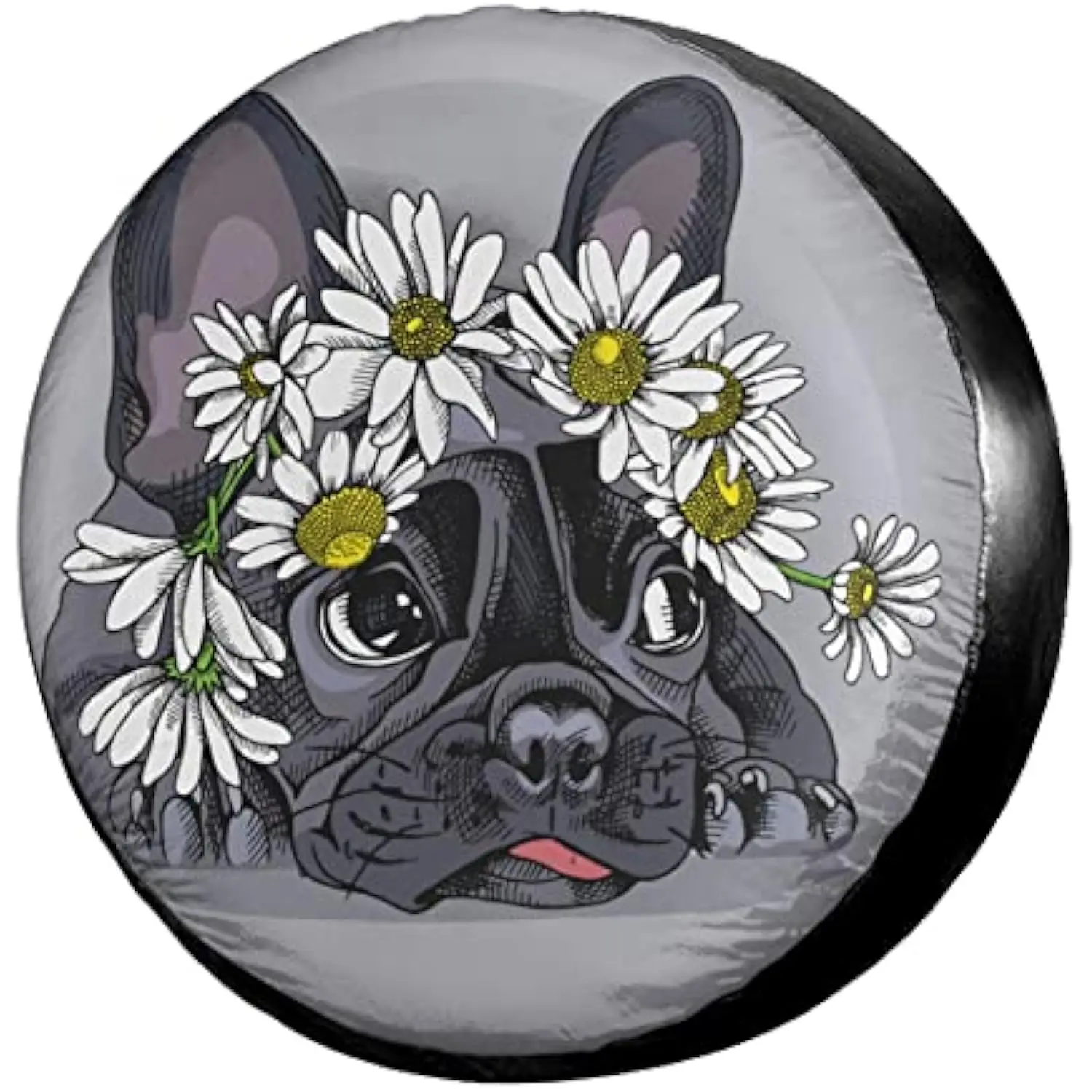 

French Bulldog Daisy Flower Wreath Tire Cover Waterproof Spare Wheel Protector for SUV Truck