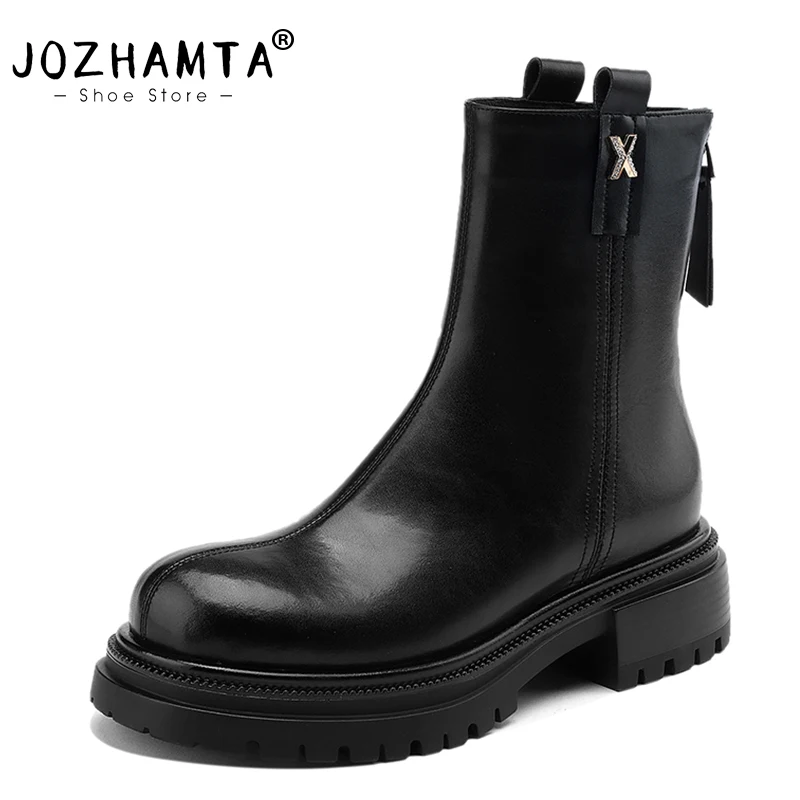 JOZHAMTA Size 34-42 Women Ankle Chelsea Boots Real Leather Thick Heels Platform Shoes Fall Winter Casual Office Short Booties