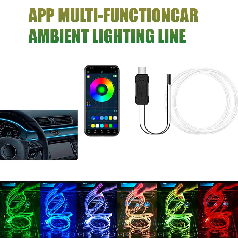 Car RGB LED Ambient Light Strip USB Fiber Optic Atmosphere Car Neon Interior Light Strip Center Console Door Decoration Lamp