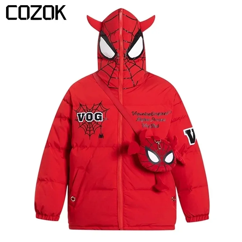 

Winter Devil Horns Jacket Parkas Men Women with Bags Design Spider Web Thick Warm Padded Hooded Coats Harajuku Bubbles Outwear