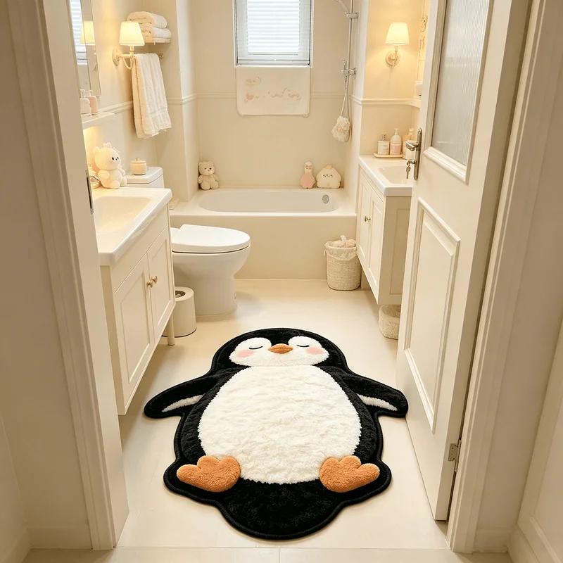 VIKAMA Closed Eye Penguin Shaped Plush Absorbent Floor Mat Foyer Bathroom Living Room Cute Cartoon Home Floor Mat