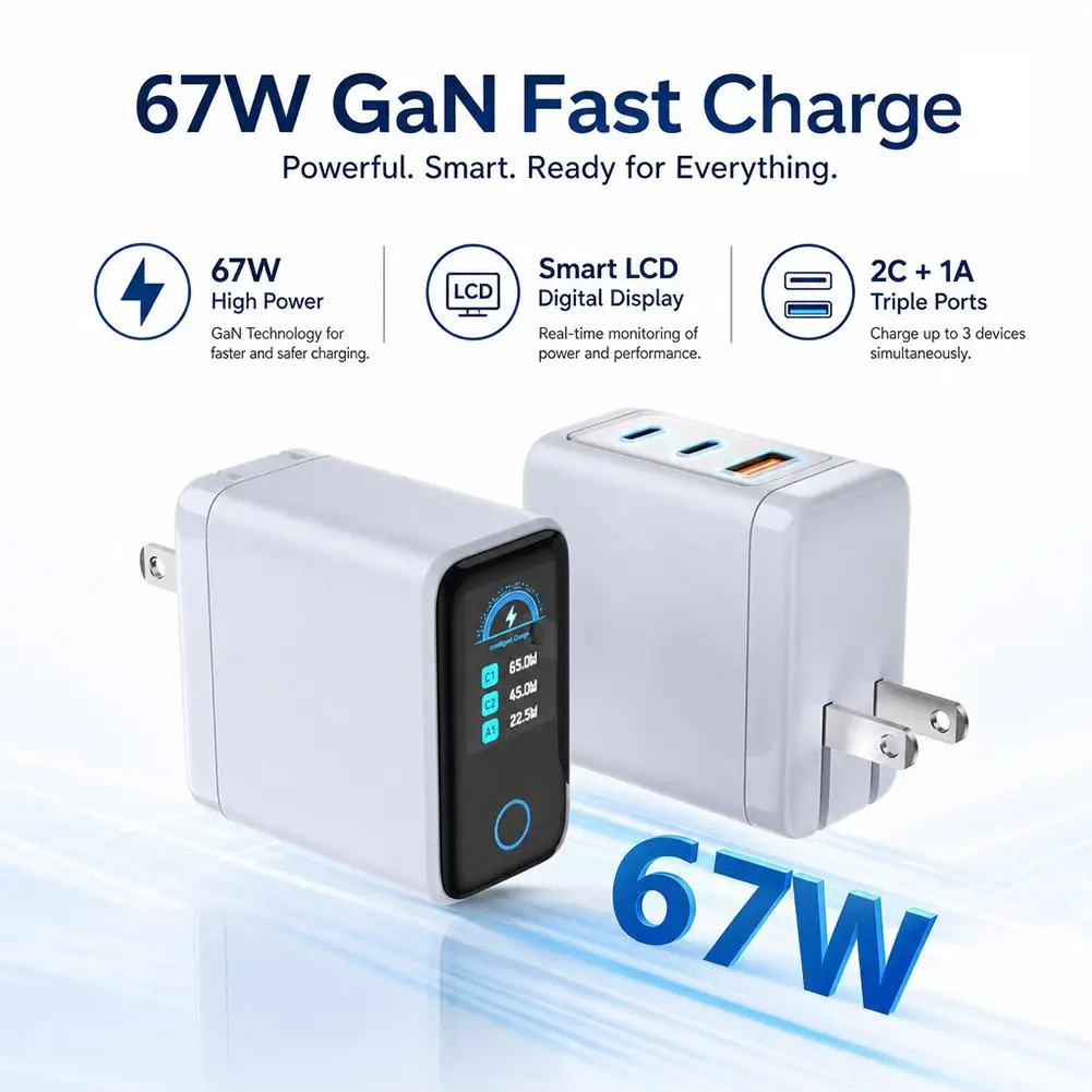 New 65W GaN Fast Charger with LCD Digital Screen PD3.0 Wall Charging Station for Laptop, iPhone 17 , Samsung, iPad Dropshipping