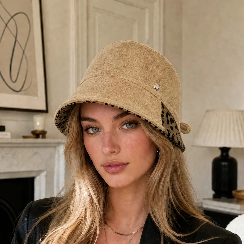 Women Reversible Suede-look Bucket Hat Leopard Print Lining Adjustable Drawstring Vintage Bucket Hat Outdoor CWind Protection