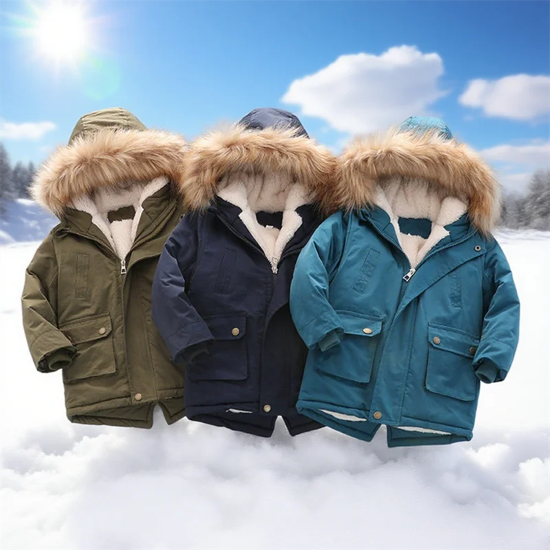 

Children's Fleece-lined Coats Thickened Boys Girls Cotton Jackets Winter Plush Velvet Hooded Outerwear 2025 New Toddler Parka