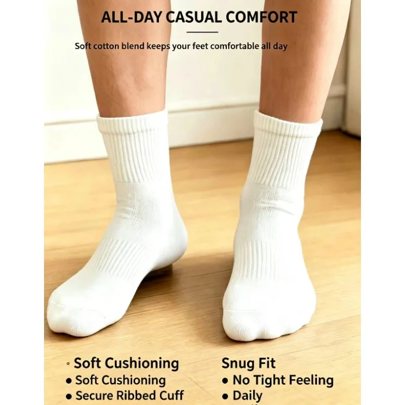 2026 Unisex White Mid Calf Socks Odor Resistant Breathable Comfortable Daily Wear Crew Socks For Men Women