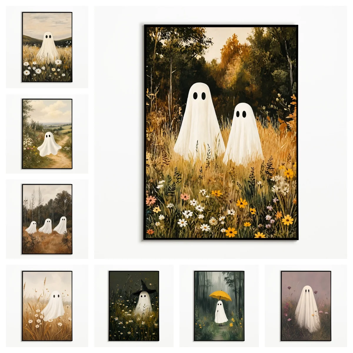 1PC Forest Wildflower Lawn Cute Ghost Poster  Autumn Halloween Wall Art  Frameless Canvas Printing Fall Vintage Wall Decoration