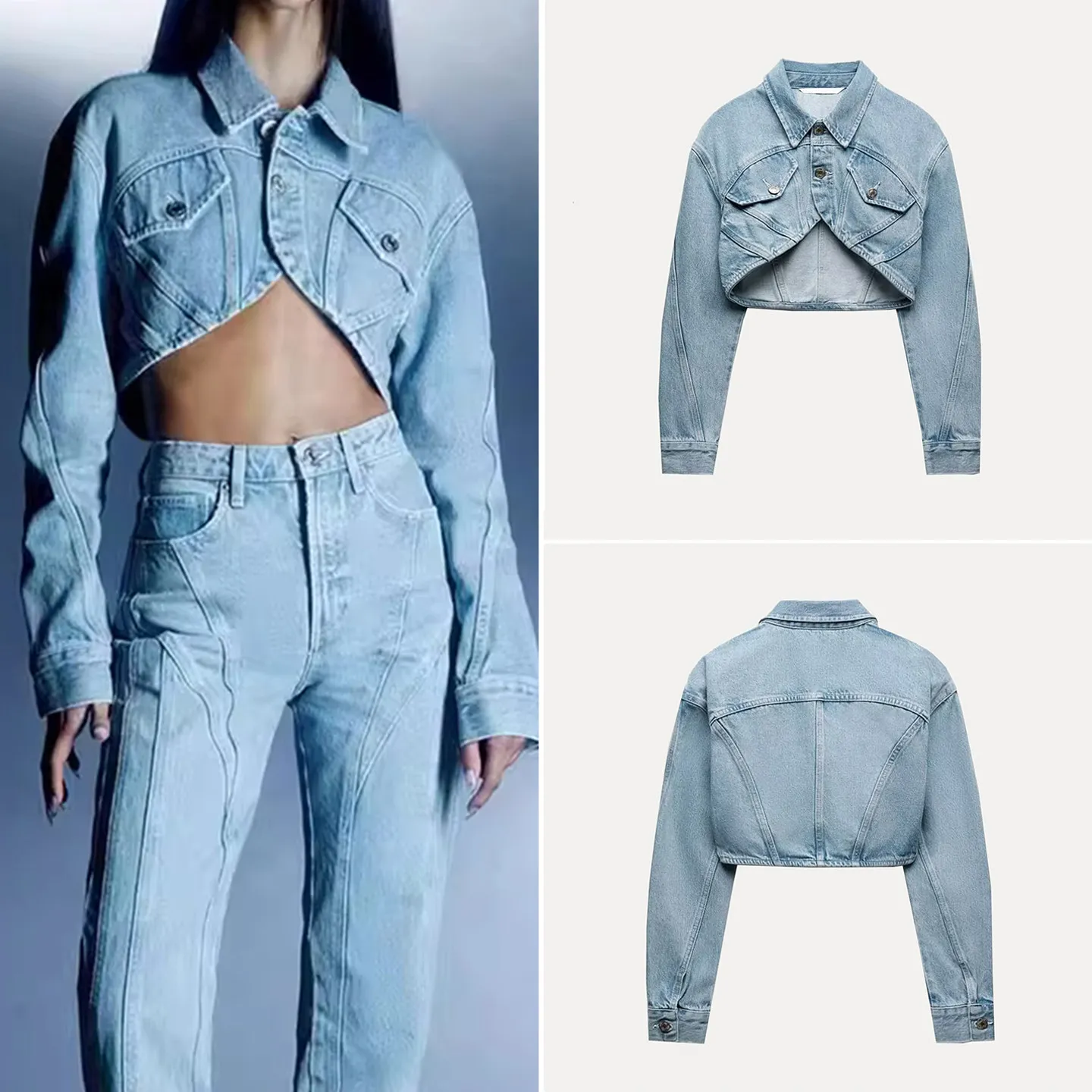 

Женская укороченная джинсовая куртка с воротником-стойкой, на пуговицах, с длинными рукавами, для повседневной носки, зима 2025, новинка, бренд Z