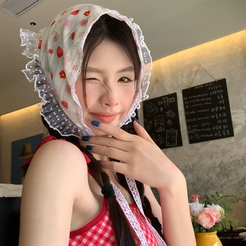 

Triangle Headscarf Decoration for Girls Strawberry Cherry Lace Headband Summer Travel Photo Accessories Women Sweet Headbands