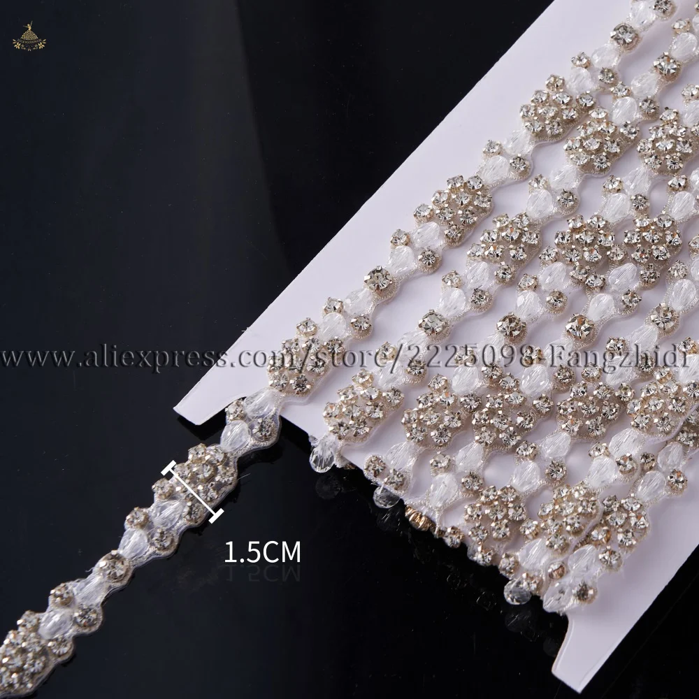 FZD Applique Silver 1 Yard Rhinestones Crystal Dress Beaded Trim for Wedding Dress Rhinestone