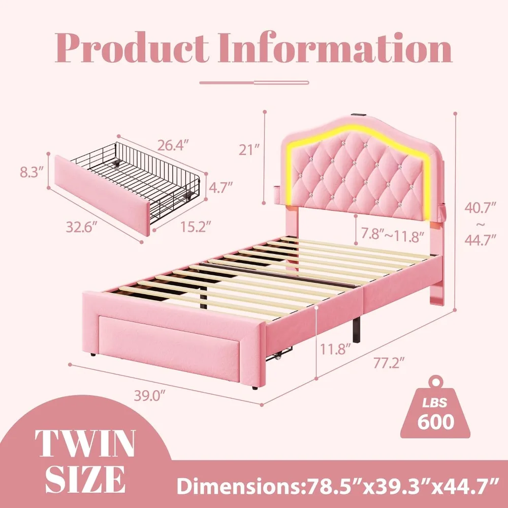Twin Velvet Platform Bed with Tiara Headboard, Drawers, USB & LED, Pink