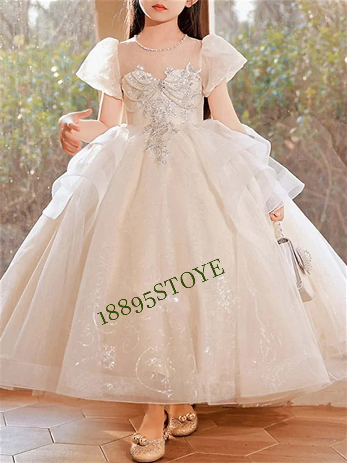 

Ivory Flower Girl Dresses For Weddings 2022 Tulle Appliques Short Sleeves Princess Toddler Pageant Gowns First Communion Dresses