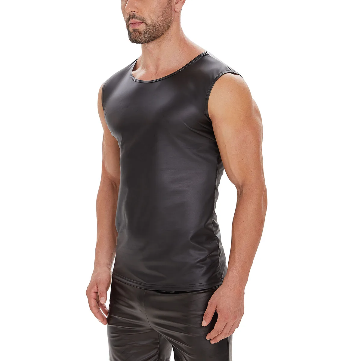 T-shirt à col rond en cuir brillant pour hommes, haut en cuir précieux, matière souple 256, haute élasticité, grande taille