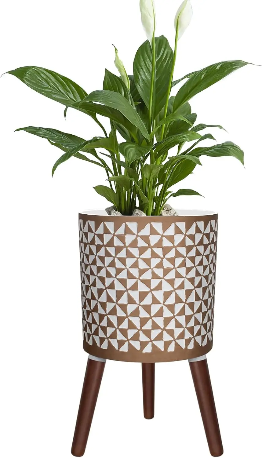 

10" Plant Pot with Wood Stand, Mid-Century Modern Planter, White & Gold, Drainage Holes for Indoor/Outdoor