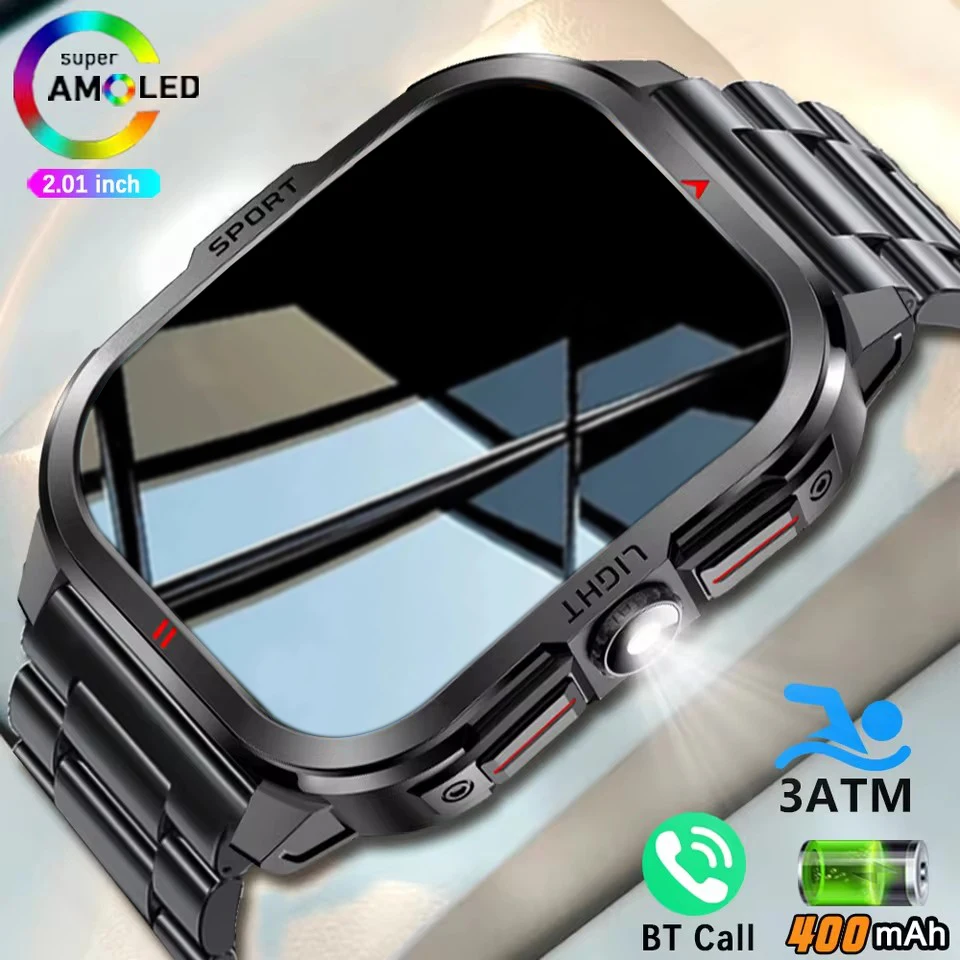 

2025 Новые Смарт-часы для мужчин, 2,01-дюймовый HD-экран, 3 атм, водонепроницаемый фонарик, монитор здоровья, аккумулятор 400 мАч, спортивные умные часы с Bluetooth-вызовом