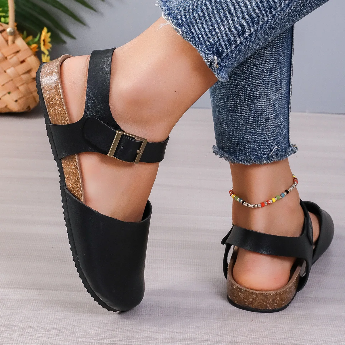 Baotou Cork Sandals Women\'s Summer Shoes Round Toe Flat Back Buckle Casual Female Shoes Solid Sandales Femmes Beach Sandalias