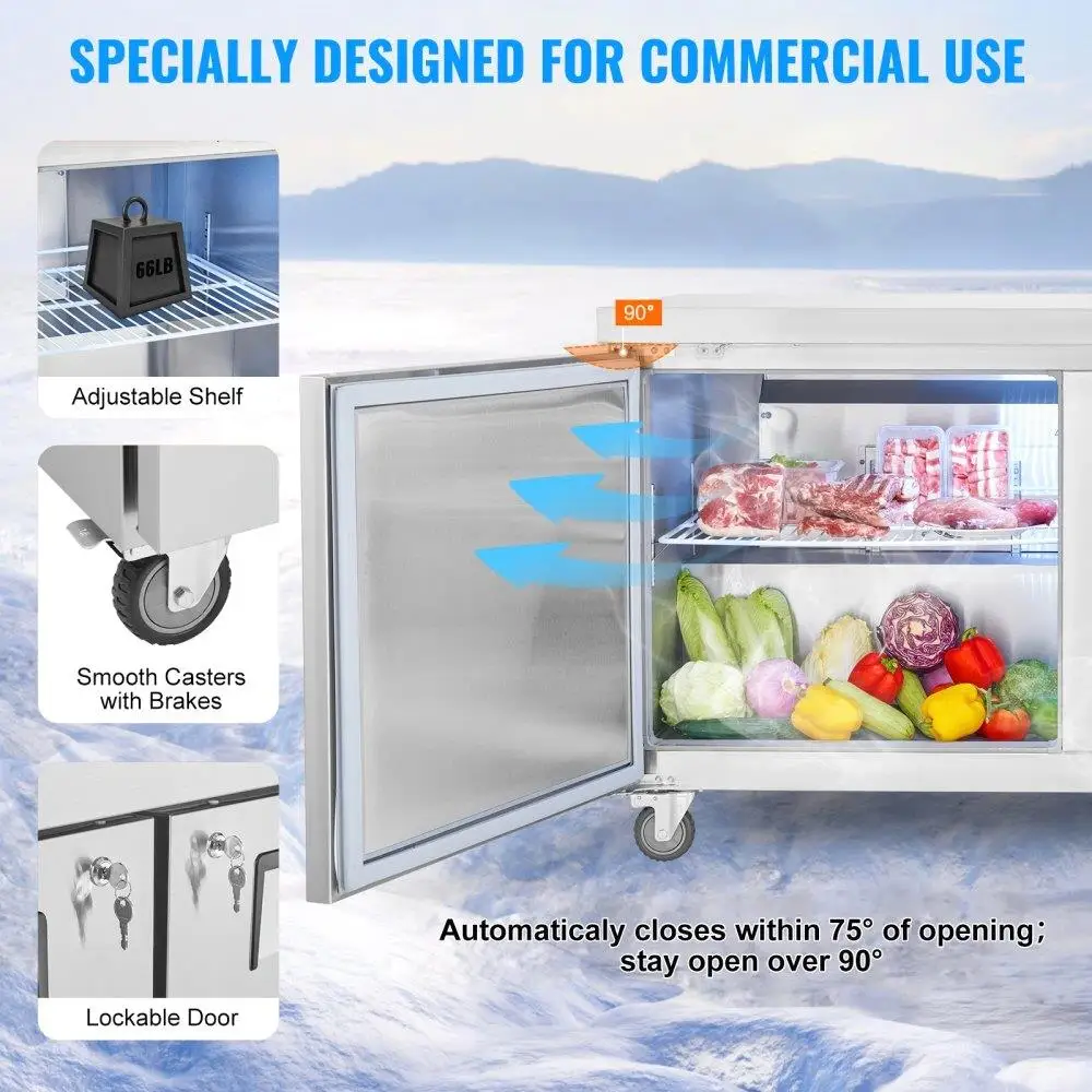 60 Inch Commercial Refrigerator Sandwich Salad Prep Table 16.4 Cu Ft  Prep Countertop Fridge for Kitchen Restaurant Use